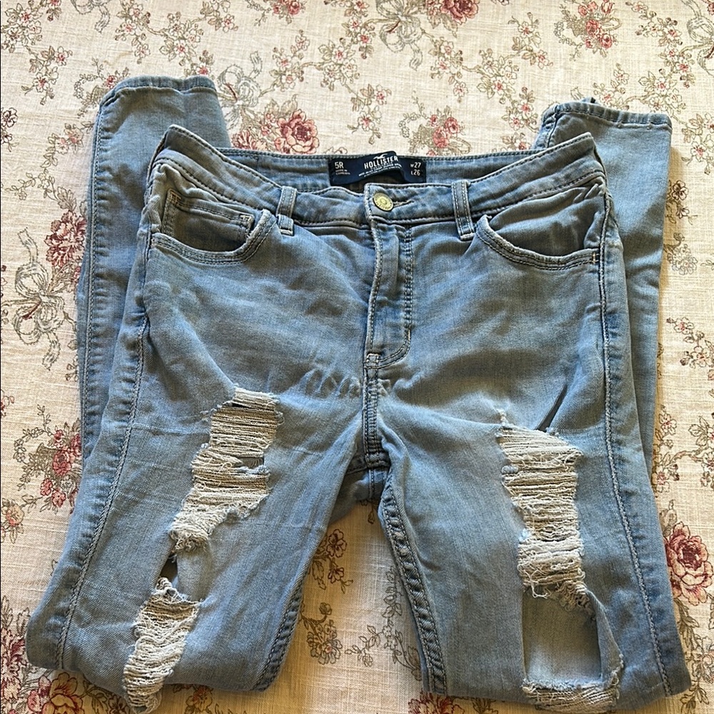 Hollister Blue High Rise Crop Super Skinny Jeans Distressed Style